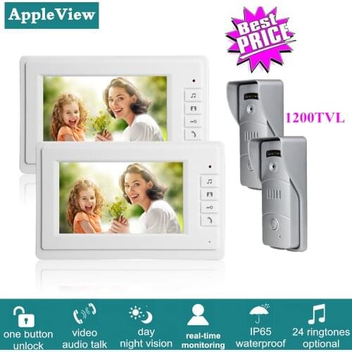 7 Inch Color Video Door Phone Intercom System With 2pcs Visual Monitor + 2pcs 1200TVL Call Panel Waterproof Camera Night Vision