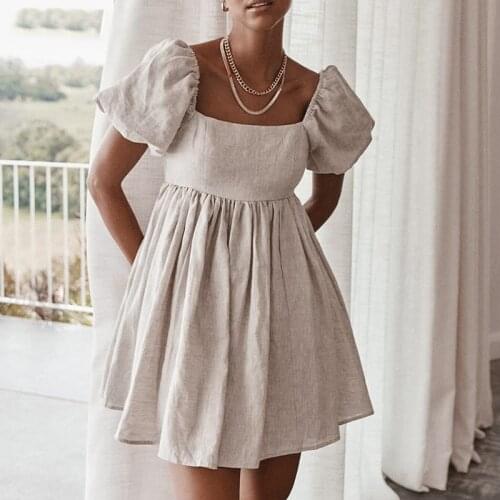 Vintage Sweet Puff Sleeve Linen Mini Dress Woman Square Collar Solid High Waist A-line Dress 2021 New Summer