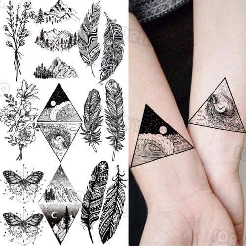 Outer Space Temporary Tattoos For Women Men Feather Mountain Flora Fake Tattoo Sticker Waterproof Arm Body Tatoos Sea Wave