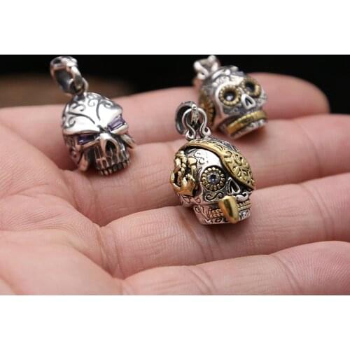 S925 sterling silver jewelry retro punk personality of male and female Skull Pendant inlaid pipe domineering man pendant