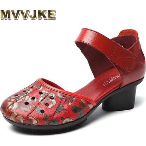 MVVJKE Ethnic Style Retro Women Sandals Fashion Closed Toe Genuine Leather Women Thick Heel Sandals Summer Mother Casual Shoes