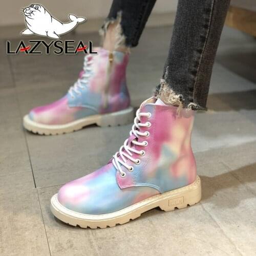 LazySea 2021 New Camouflage Women Boots Prints Lace-up Round Toe Booties Non-slip Big Size 42 43 Short Boots Fashion