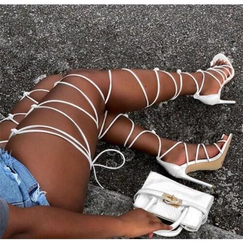 New Women Gladiator Knee High Sandals Open Toe Lace Up Cross Strappy Sandals Ladies Leather Party High Heel Shoes Brands Shoes