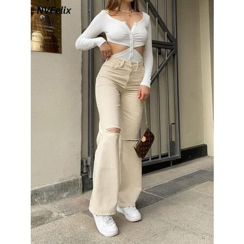Womens Fashion Jeans 2021 Summer Casual Wide Leg Pants Loose High Waist Trousers Vintage Straight Ripped Mom Baggy Pants New