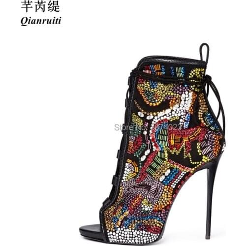 Qianruiti Women Multi-Color Crystal Ankle Boots Cut outs Rhinestone Booties Peep Toe High Heels Lace Up Bling Boots