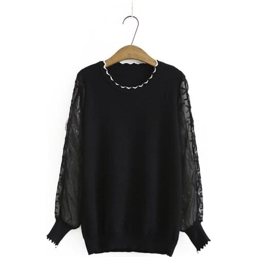 Plus Size Womens White Black Sweaters Long Sleeved Lace Patchwork Outerwear Fashion Stretchable Slim Pullovers