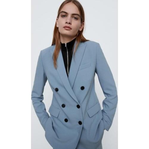 Women Fashion Pants 2-piece Set Office Wear Double Breasted Blazers Coat Vintage Long Sleeves Outerwear and High Waist OL Suits