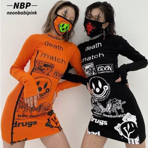 NEONBABIPINK Alt Y2k Gothic Cartoon Print Bodycon Dress Halloween Costumes for Women Zipper Split Micro Mini Dress N80-DB30
