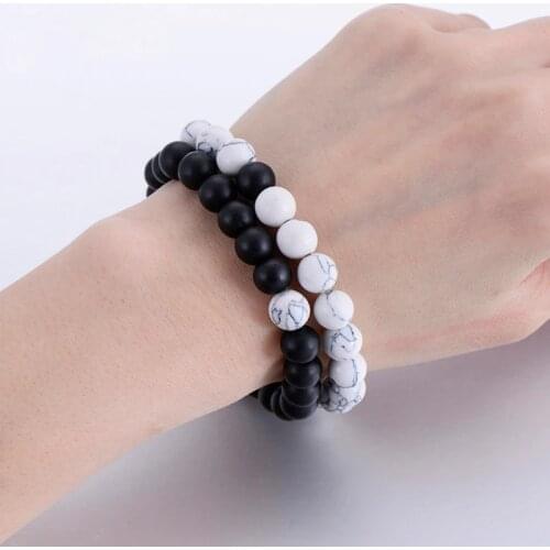 2PCS/Set Lovers Lava Beaded Bracelets Natural Stone White Black And Red Classic Beaded Bracelets For Men Women Adjustable