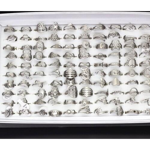 50pcs Simple Fashion 4 Colors Flower/Heart/Crown/bowknot Hollow out Design Full Stainless steel Rings Mixed Styles Lots