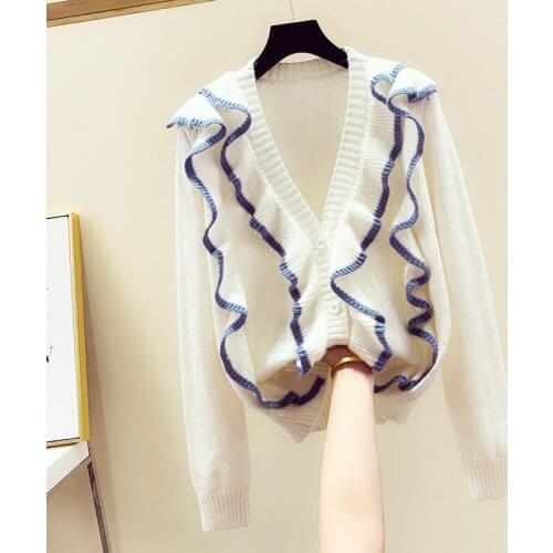 Hook Flower Knitted Cardigan Women Autumn Winter Long Sleeve Ruffled V-neck Cropped Sweaters Female Casual Short Jumper Top