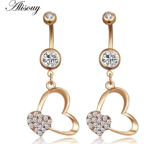 Alisouy 1pc Belly Button Rings Gold color Surgical Steel Love Heart Crystal Pendant beauty Navel Piercing Body Jewelry 1.6*10*5