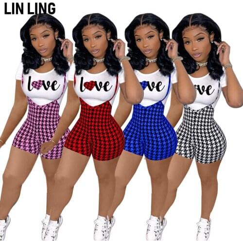 LINLING Womens 2 Piece Overalls Jumpsuits Skinny Tops & Plaid High Waisted Bib Pants Sets Clubwear