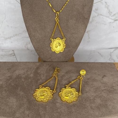 Conjuntos de joias de ouro etíopes, colar com pingente de moeda árabe, brinco, anel dubai, presentes para mulheres, conjunto de