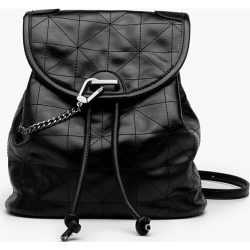 Lingge Leather Backpack Womens Bag 2021 Fashion New Black Flip Soft Shoulder Bag Small Chain Backpacks Teen Girls School Bags