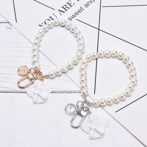 Creative Vintage White Angel Keychain Women Girl Cute Mini Pearl Heart Key Chain Car Key Ring Holder Trinket Bag Charms Jewelry