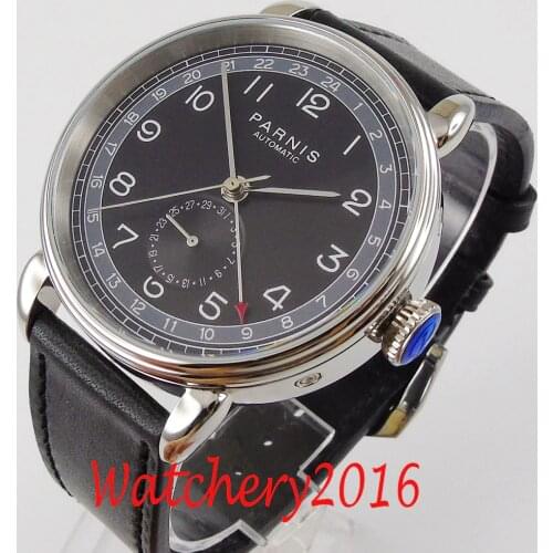 PARNIS 42mm Black Dial GMT silver case arab mark date window leather strap mens top leisure automatic mechanical watch
