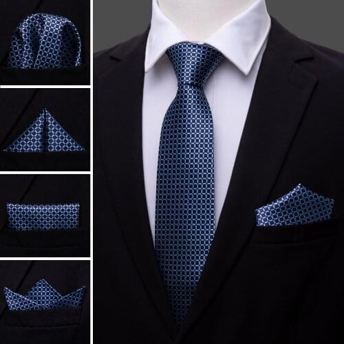 LS-1508 Barry.Wang Classic Men`s Tie 100% Silk Darkbule Novelty Necktie Hanky Cufflink Set For Men`s Wedding Party Business