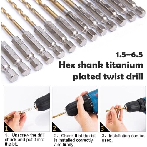 Cheapest HSS High Speed Steel Titanium Coated Drill Bit Set 1/4 Hex Shank 1.5-6.5mm Hexagonal Handle Twist Drill 13pcs/lot