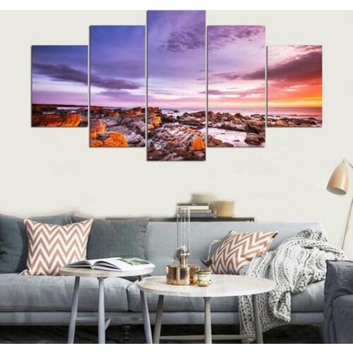 Wall Unframed Pictures For Living Room Home Decor 5 Panel Bay Of Fires Tasmania Sunset View Modular Canvas Art Posters Print