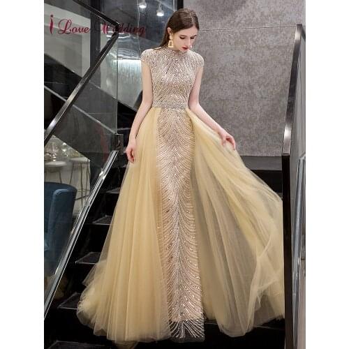 New Fashion 2020 Sexy Jewel Collar Heavy Beaded Evening Gown Cap Sleeves Trumpet Gown with Train Gold Long Evening Dresses
