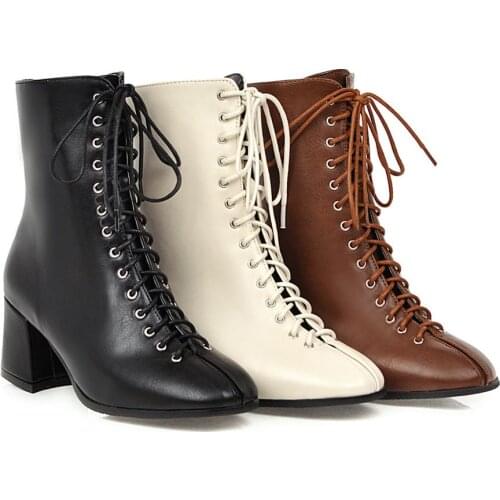 For New autumn and winter fashion all-match square toe thick heel high heel retro lace-up low boots women