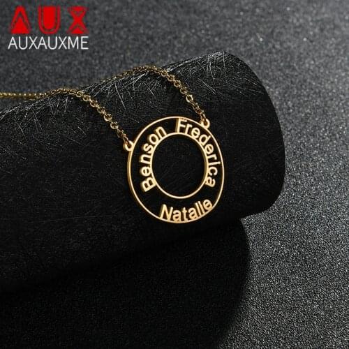 Auxauxme Custom Double Circle Multiple Name Date Necklace Stainless Steel Personalized Nameplate Choker Family Friend Gifts