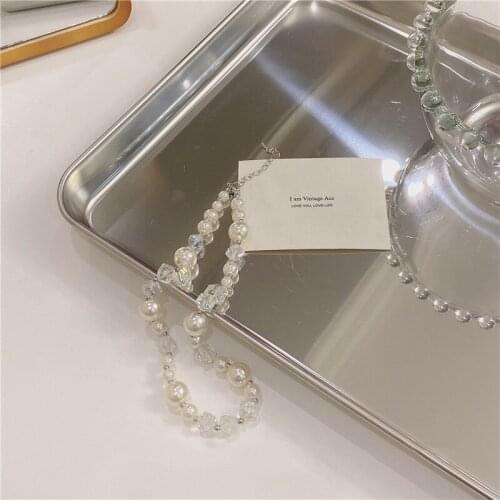 Origin Summer Fairy Simulated Pearl Beaded Chokers Necklace for Women Round Transparent Crystal Asymmetric Necklace Jewellery
