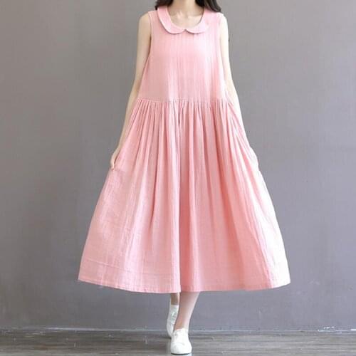 Cotton Linen Dress 2020 New Autumn Cute Style Womens Clothing Sleeveless Peter Pan Collar Dresses loose dress plus size 5XL 6XL
