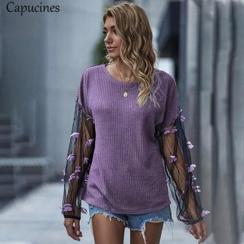 Capucines Lantern Sleeve Butterfly Applique Mesh Patchwork Woman Sweaters Autumn Casual O Neck Pullover Slouchy Thin Sweater