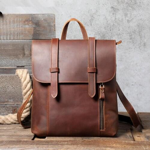 Free Shipping Women Men Vintage Genuine Leather Backpack Laptop Shoulder Bag Crazy-horse Cowhide Leather Preppy School Bag