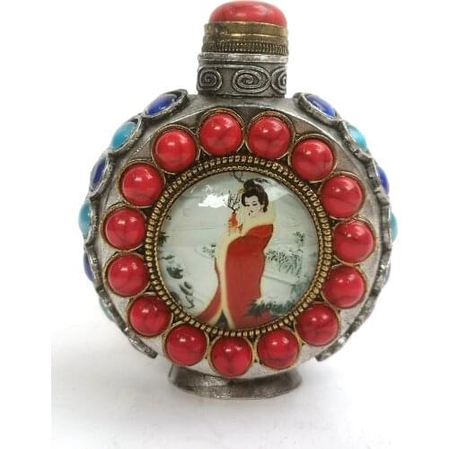 YIZHU CULTUER ART Collection Old Chinese Tibet Silver Hand Inlay Jewelry Painting Beauty Snuff Bottle Decoration Gift