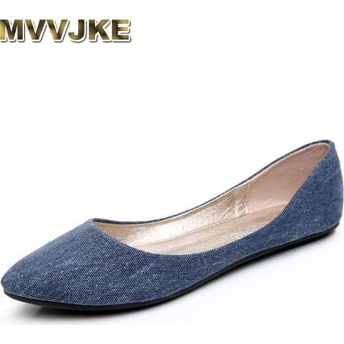 MVVJKE New Women Soft Denim Flats Blue Fashion High Quality Basic Pointy Toe Ballerina Ballet Flat Slip On Office Shoes
