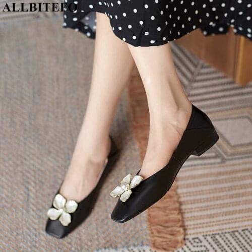 ALLBITEFO Size 34-43 Flower Design Square Toe Genuine Leather Women Heels Shoes Spring Fashion Sexy Girls Low Heel Shoes Woman