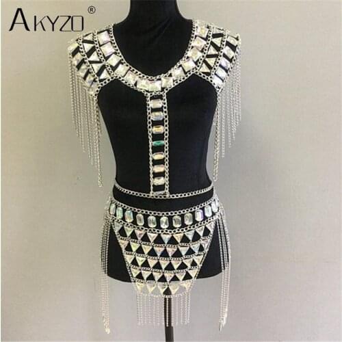 AKYZO Crazy Crystal Sequin Women 2 Piece Sets Funny Festival Outfits Handmade Patchwork Metal Tassel Chain Crop Top Womens Set