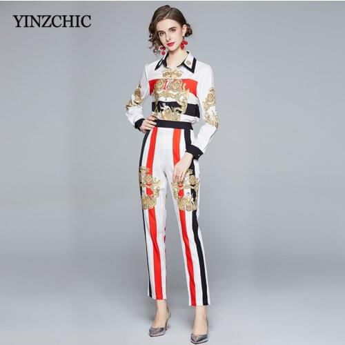 Woman Blouse + Long Pencil Pants Suit Spring New Female Vintage Print 2pc Sets Striped Ladies Shirt Pants Suit Summer Casual