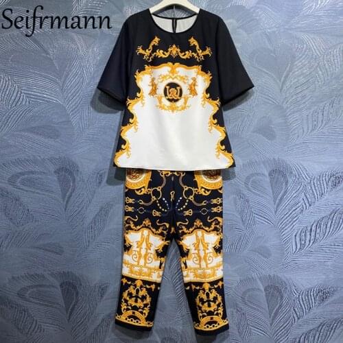Seifrmann New 2021 Summer Women Fashion Runway Pants Set Short Sleeve Loose Tees + High Waist Vintage Printed Long Pants Suits