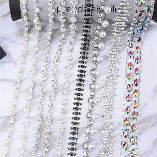 1 Yard Fashion Bridal Pearl Tassel Trimmings Dangle Crystal Rhinestone Bead Chain Diy Wedding Dress Headwear Shoes Decorations