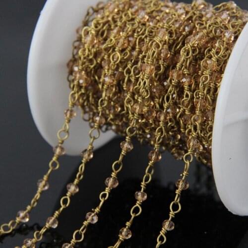5Meter Light champagne Crystal Glass beads Wire Wrapped Chain,Faceted Rondelle Rosary Chains Necklace bracelet Women Jewelry