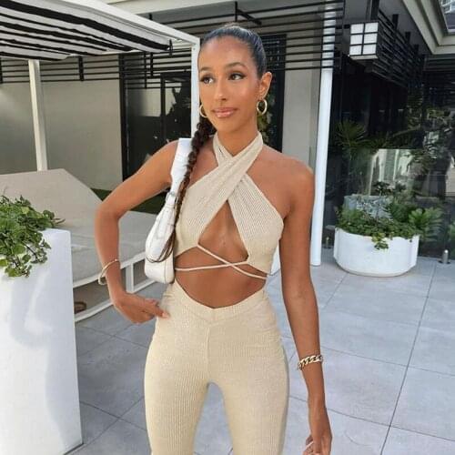 Elegant 2Piece Set Women Chic Criss-Cross Bandage Crop Top Casual Straight Pants Co-Ord Knit Outfit 2021 Streetwear Suits