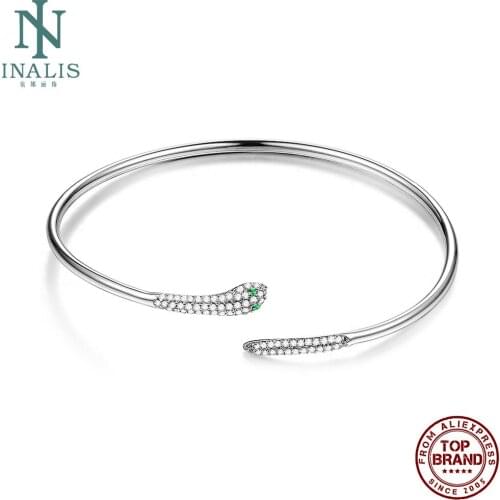 INALIS Adjustable Cuff Bangles Cubic Zirconia S925 Sterling Silver Bracelet Bangles Luxury Snake Shape Female Jewelry Direct