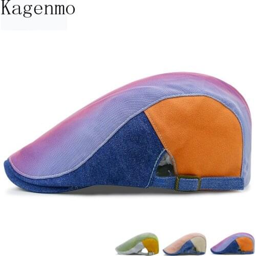 Kagenmo Beret Wash Denim Unisex Gradient Color Spring Breathable All-Match Women Berets Thin Cotton Adjust Men Hat