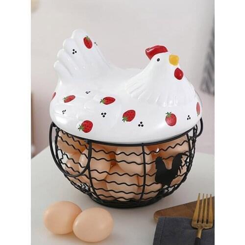 Metal Iron Egg Storage Basket Farm Style White Ceramic Chicken Cover Sturdy Metal Basket Decoration Gift Kitchen Storage Supply