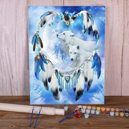 Dreamcatcher Wolf Coloring By Numbers Painting Kit Acrylic Paints 40*50 Oil Painting Loft Wall Picture Adults Drawing
