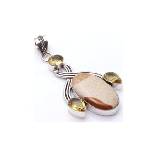 Genuine Picture Jasper + Citrine Pendant Silver Overlay over Copper , Hand made Women Jewelry gift , 74 mm P9919
