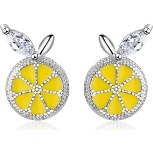 Design sense crystal personality temperament wild fruit yellow lemon silver plated stud earrings WE045