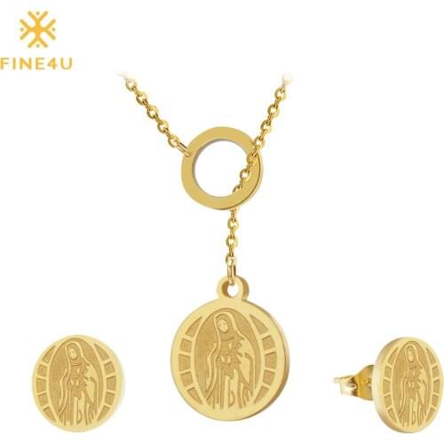 2018 New FINE4U N060 Virgin Mary Necklaces Earrings Set 316L Stainless Steel Religious Jewelry Sets For Women