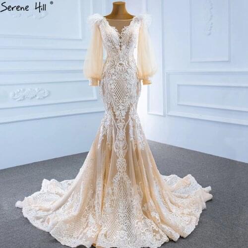 Serene Hill Champagne Lantern Sleeves Plus Size Wedding Dress 2021 Mermaid Beading Feathers Luxury Elegant Bridal Gowns BHM67209