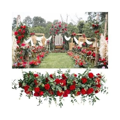 Wedding hot red with grass green Party Flower Wall Artifical Silk Flower Backdrop Party Decoration