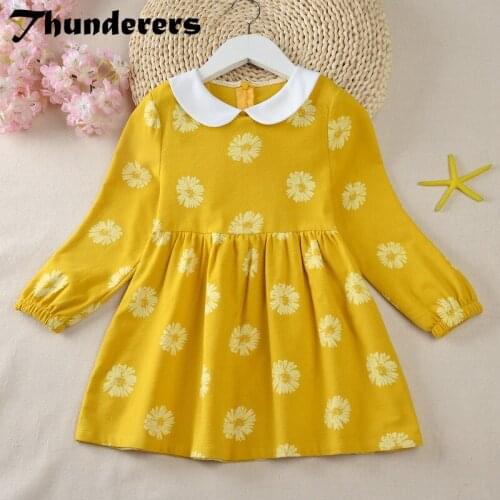 Thunderers Fashion Kids Princess Dress For Girl Printed Floral Long Sleeve Children Party Dress Cotton Casual Teenagers Clothes